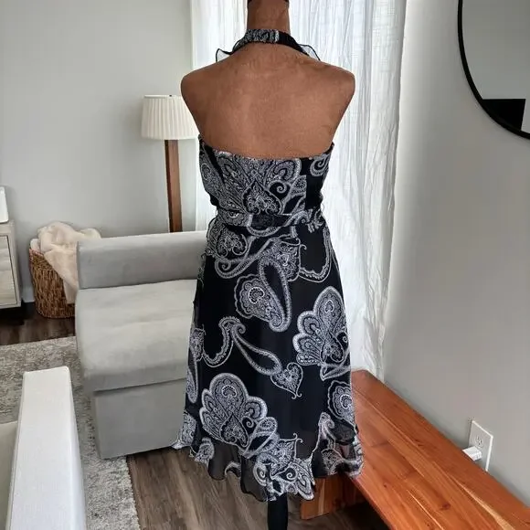 White House Black Market Paisley Midi Dress Halter Black White Wrap Bow Size 0 - Picture 3 of 7